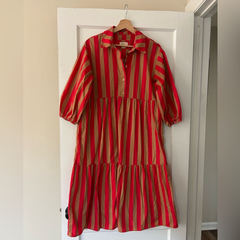 Anthropologie Vibrant Red and Tan Midi Dress